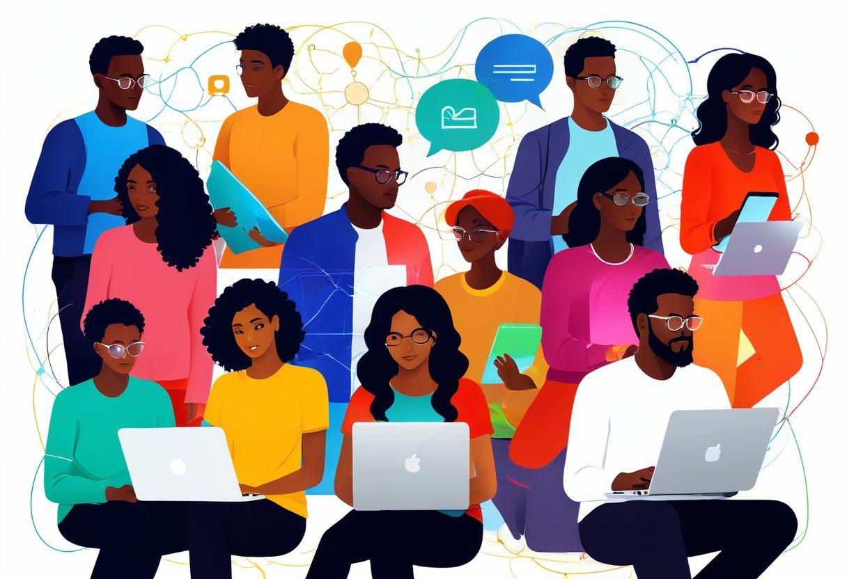 A vibrant digital collage showcasing diverse individuals from various communities engaged in storytelling, surrounded by symbols of technology like laptops and smartphones, interconnected by glowing lines representing digital connections. Incorporate elements like speech bubbles and shared experiences to depict engagement. The background features soft, warm colors to evoke a sense of unity and community. vector art. vibrant colors. white background.