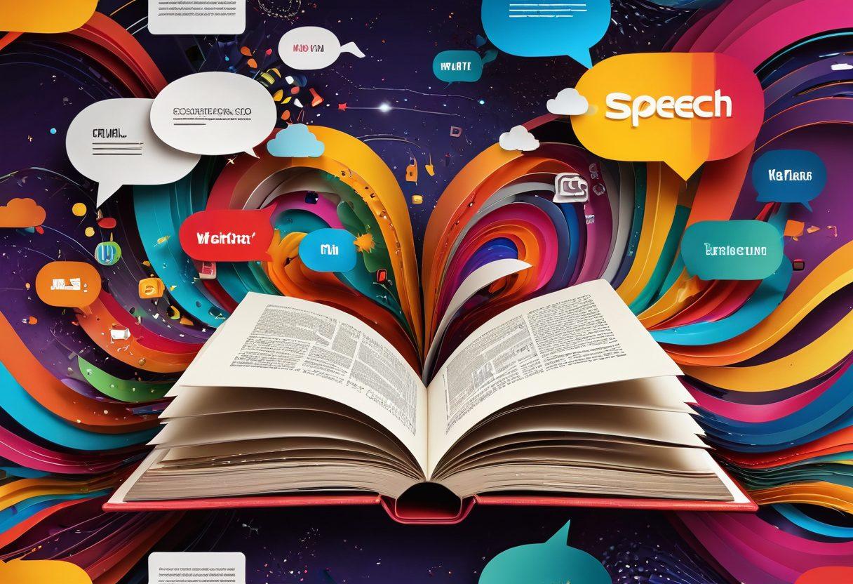 A mesmerizing digital landscape depicting an open book transforming into vibrant, swirling graphics and storytelling icons such as speech bubbles, film reels, and digital devices. The background features abstract patterns symbolizing creativity and connectivity in the digital age. Warm, inviting colors flow throughout to evoke inspiration. super-realistic. vibrant colors. 3D.